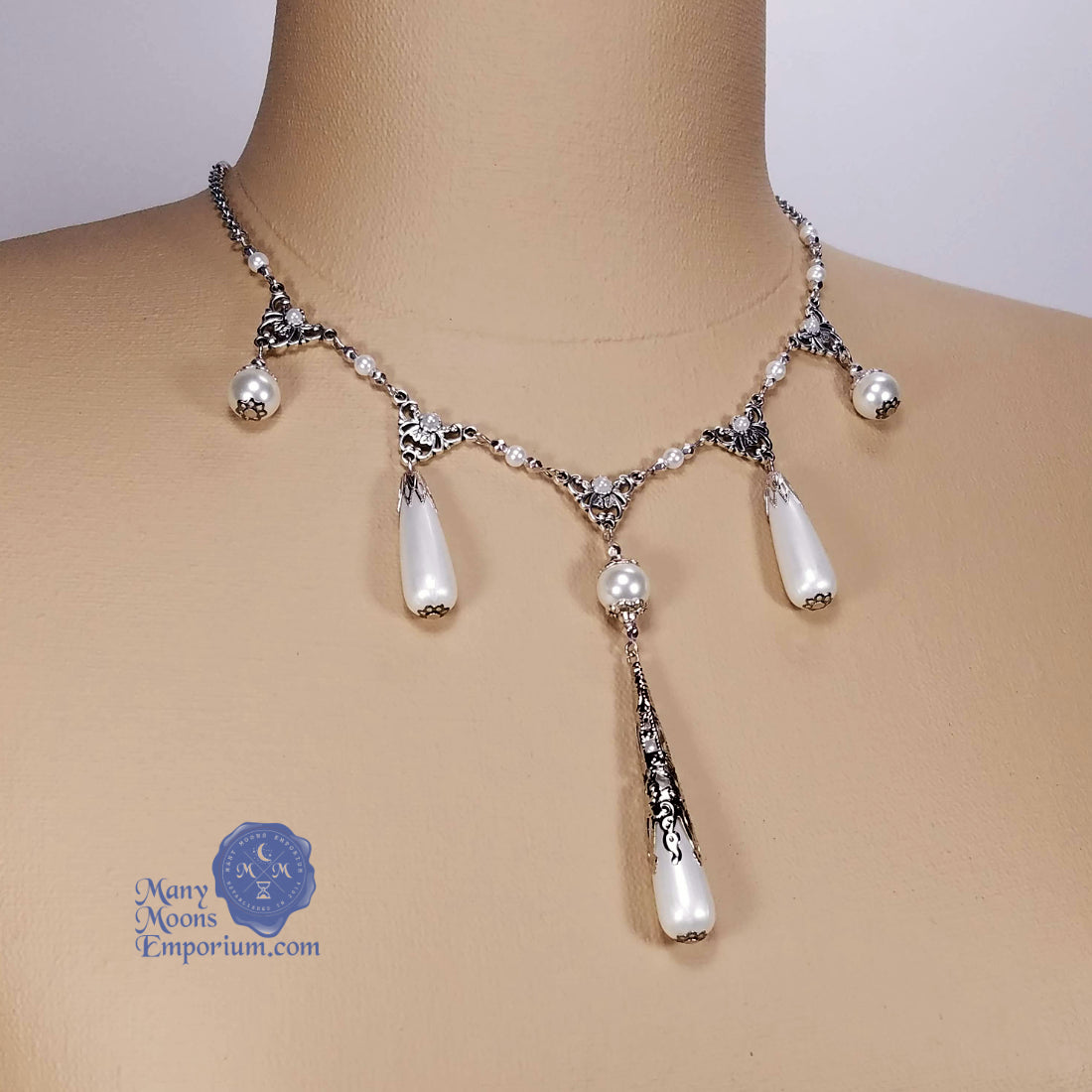 Teardrop Pearl Necklace - Caterina Sforza silver filigree – Many 