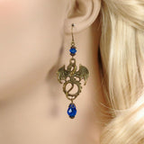 Lady Pendragon blue dragon earrings antique bronze & crystal