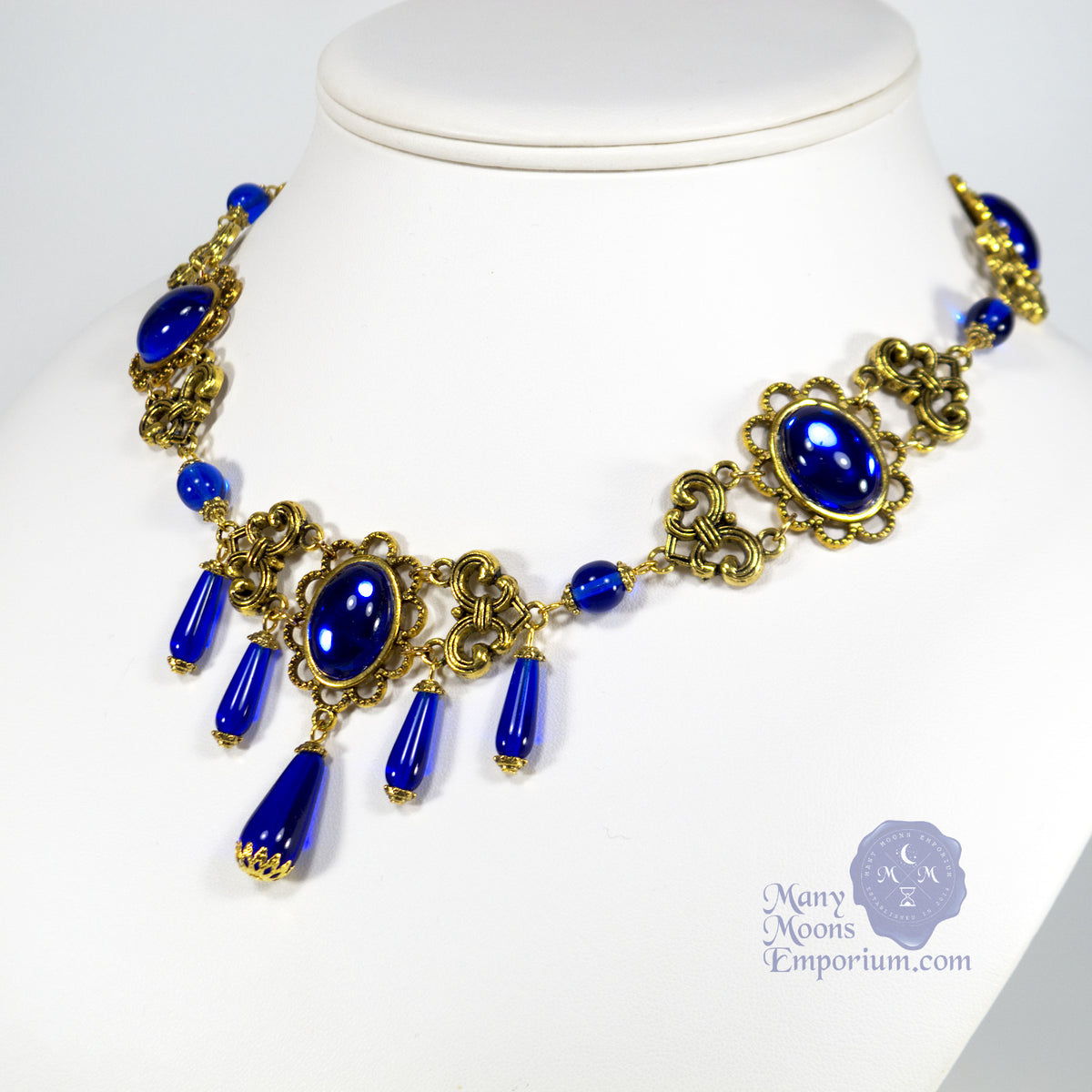 Renaissance Necklace Marquise Xanthe gold sapphire blue – Many