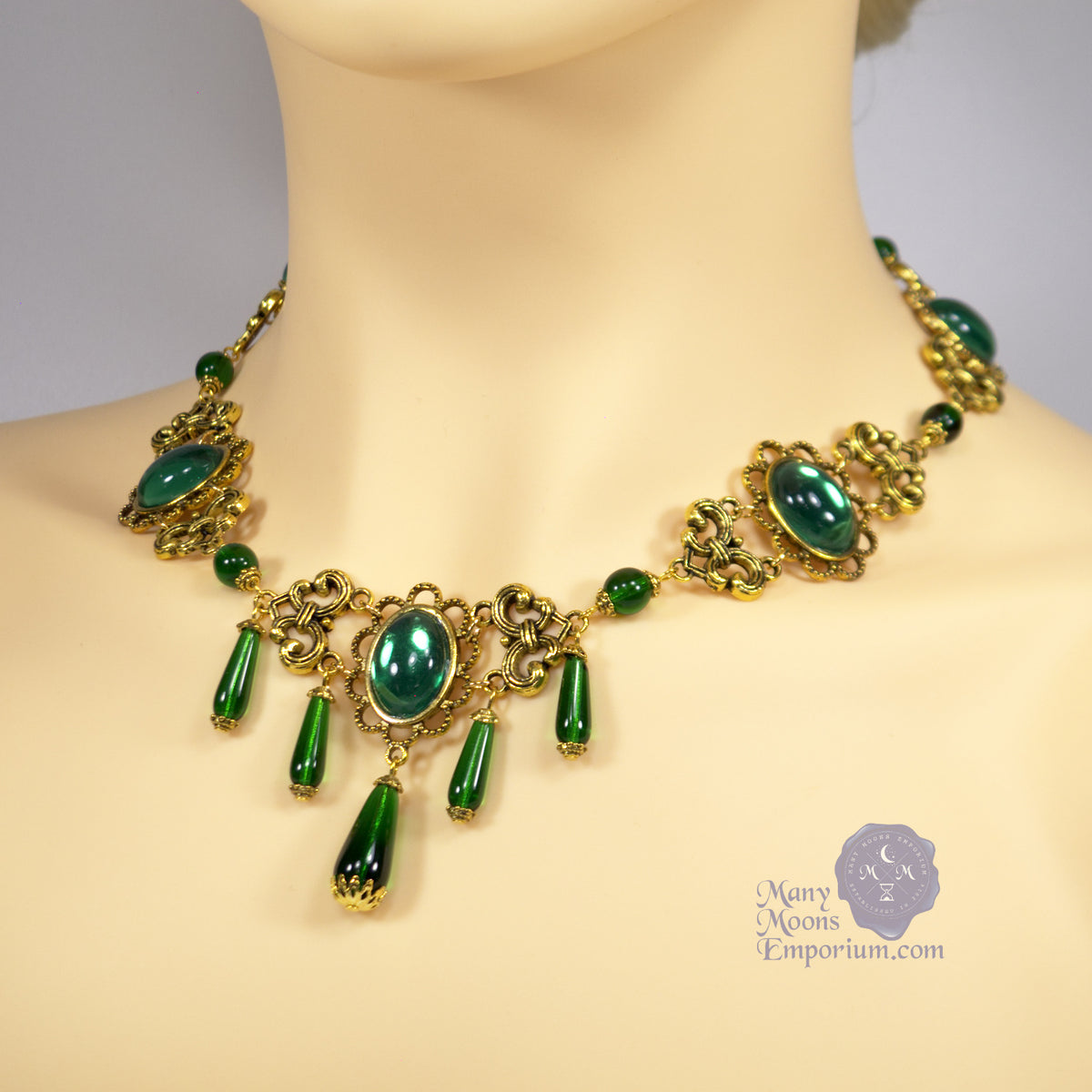 slim fit dress slacks Gold and Green Edwardian Necklace