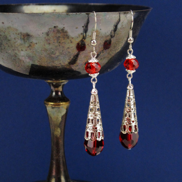 red drop earrings renaissance crystal silver Elina