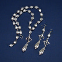 silver fleur de lis necklace & earrings pearl renaissance Milady Fleur