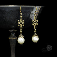 Nicolette pearl Renaissance scroll earrings bronze