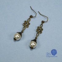 Nicolette pearl Renaissance scroll earrings bronze