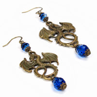 blue crystal dragon earrings antique bronze Pendragon