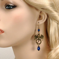 blue dragon earrings with crystal antique bronze Pendragon