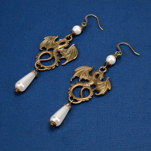 pearl dragon earrings antique bronze Pendragon