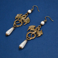 pearl crystal dragon earrings bronze Pendragon