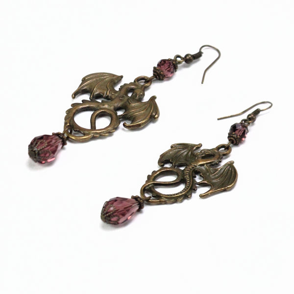 amethyst crystal dragon earrings bronze Pendragon