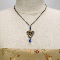 crystal blue dragon necklace antique bronze Pendragon