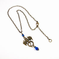 blue crystal medieval dragon necklace bronze Pendragon