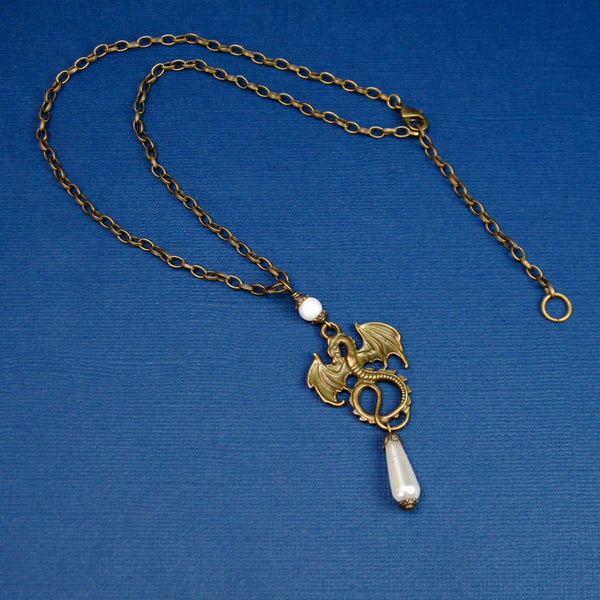 pearl dragon necklace antique bronze Lady Pendragon