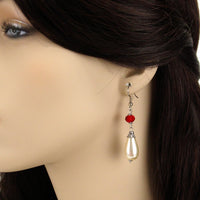Victorian teardrop pearl earrings red silver Signora Verena