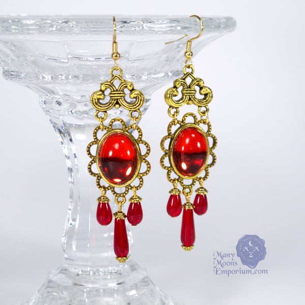 red Edwardian earrings antique gold Xanthe